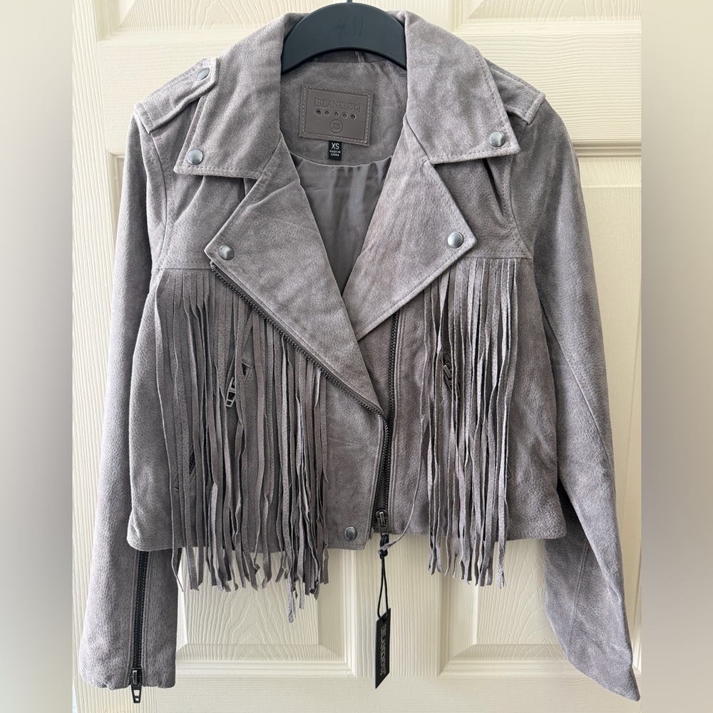 🩶 Blank NYC x Free People Fringe Moto Jacket 100% Real Leather Boho Chic - Picture 5 of 9